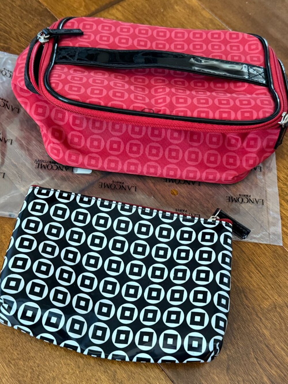 Lancome two piece Red Cosmetic Bag with Black Trim, and small Black and White